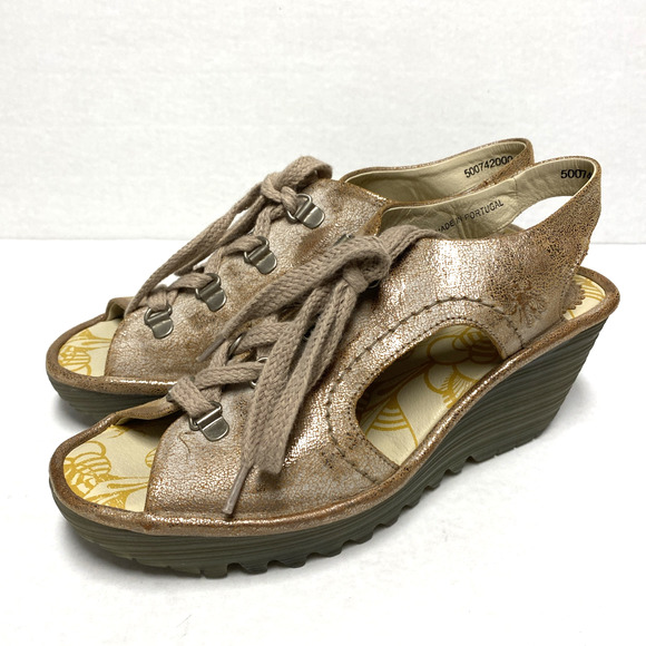 Fly London YLFA Luna Wedge Sandal Metallic Blush Pink Tinted Tan Gold 38… - Picture 5 of 8